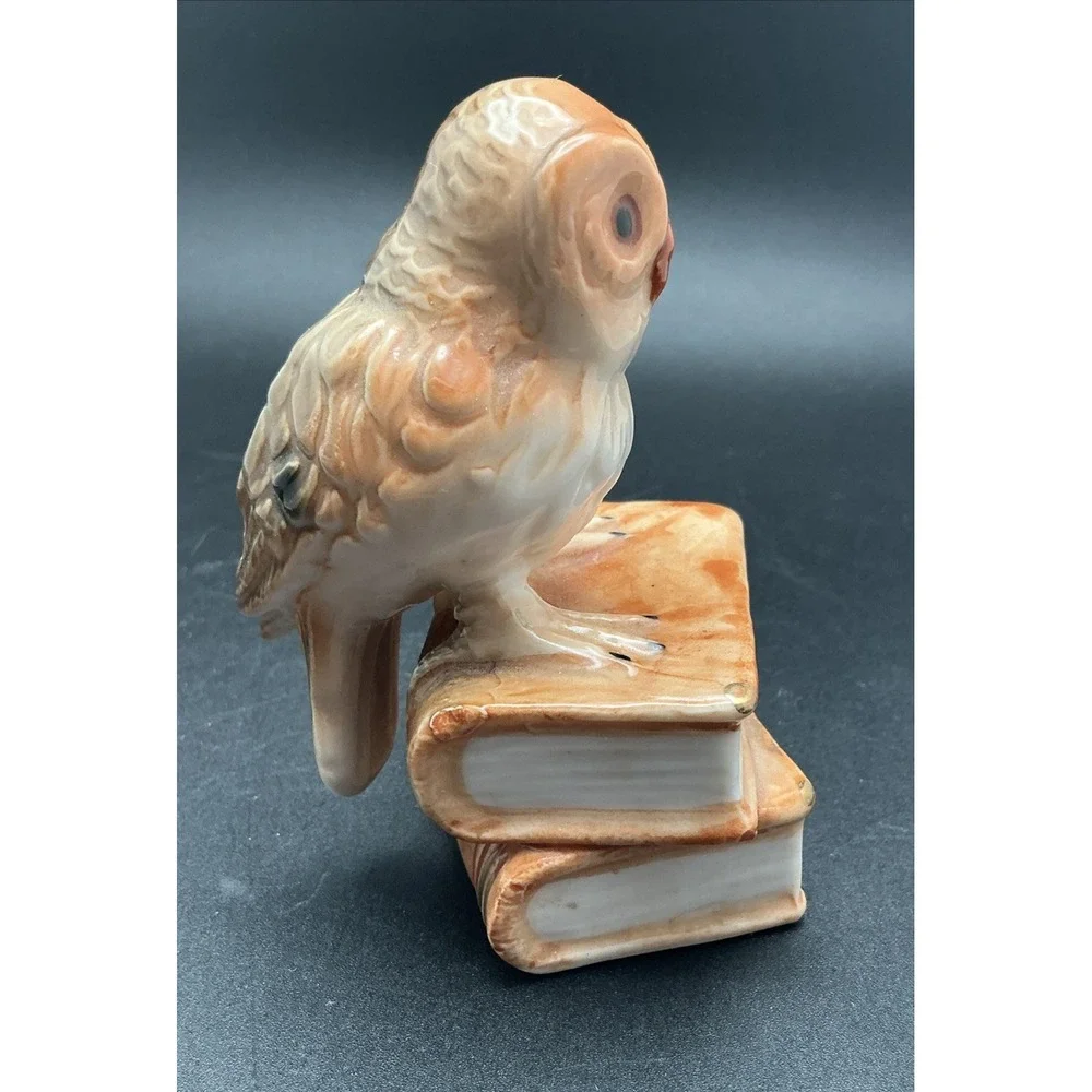 Porcelain Owl Figurine on a Stack of‎ Books With Gilded Corners-Unique
